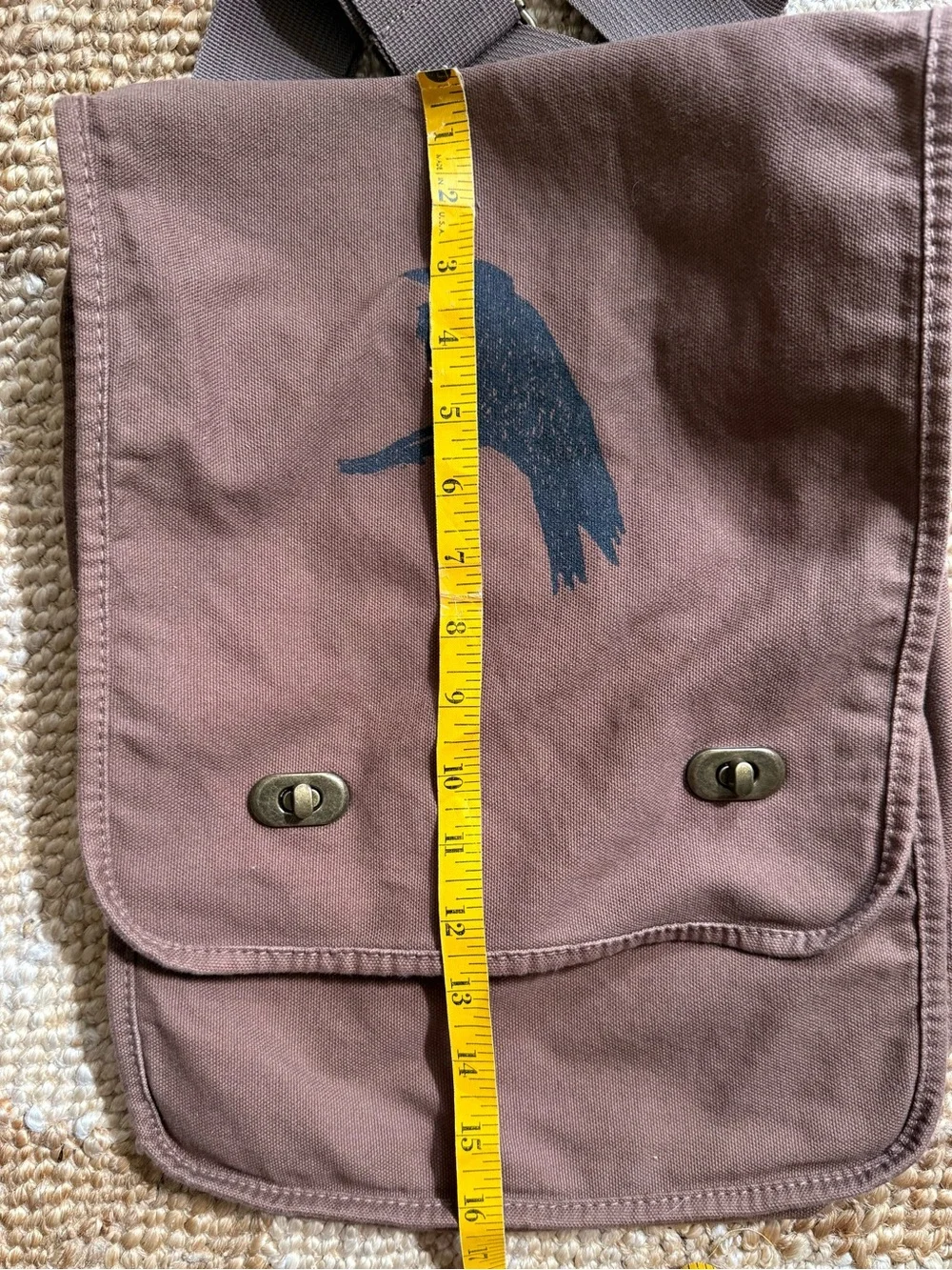 Brown Canvas Messenger Bag with Raven Print